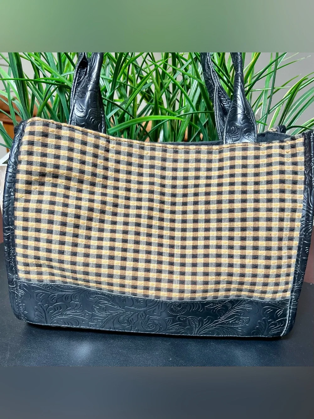 LONGABERGER Homestead Black & Tan Gingham Tote Bag with Embossed Leather Trim